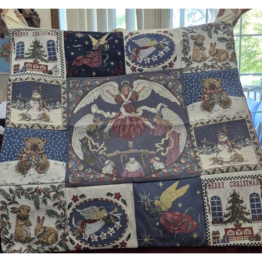 VTG Christmas Tapestry Wall Hanging Square 33x33 Patchwork Angel Snowman Teddy